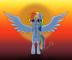 Size: 1360x1130 | Tagged: safe, artist:limedreaming, derpibooru import, rainbow dash, pegasus, pony, solo, spread wings, sunset