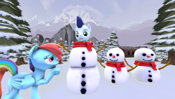 Size: 1024x576 | Tagged: safe, artist:johnnyhorse, derpibooru import, rainbow dash, soarin', pegasus, pony, 3d, male, shipping, silly, silly pony, snowman, soarindash, source filmmaker, straight