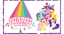 Size: 674x360 | Tagged: safe, derpibooru import, applejack, fluttershy, pinkie pie, rainbow dash, rarity, twilight sparkle, twilight sparkle (alicorn), alicorn, earth pony, pegasus, pony, unicorn, christmas, christmas tree, cutie mark, equestria daily, hat, japan, mane six, official, rainbow colors, santa hat, tree, vector