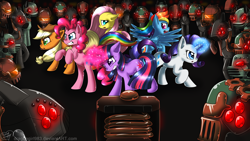 Size: 3840x2160 | Tagged: safe, artist:diigii-doll, derpibooru import, applejack, fluttershy, pinkie pie, rainbow dash, rarity, twilight sparkle, earth pony, pegasus, pony, robot, unicorn, mane six, rise of the clockwork stallions