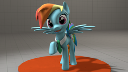 Size: 1920x1080 | Tagged: safe, artist:funsketch, rainbow dash, pegasus, pony, 3d, cute, happy, looking at you, necktie, rainbow dash always dresses in style, raised hoof, smiling, solo, source filmmaker, spread wings, stage