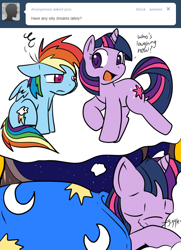 Size: 650x900 | Tagged: safe, artist:lustrous-dreams, rainbow dash, twilight sparkle, pegasus, pony, unicorn, ask, ask filly twilight, bed, cute, dream, duo, female, filly, giggling, mare, sleeping, tumblr, younger