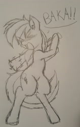 Size: 2244x3550 | Tagged: safe, artist:larrykitty, derpibooru import, rainbow dash, pegasus, pony, baka, dialogue, nail bat, sketch, solo, this will end in tears and/or death, traditional art, tsundere