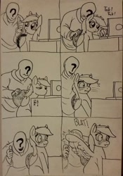 Size: 1024x1463 | Tagged: safe, artist:riggyrag, derpibooru import, rainbow dash, oc, oc:anon, human, blushing, computer, monochrome, spread wings, wingboner