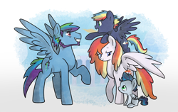 Size: 1600x1010 | Tagged: safe, artist:kianamai, artist:lugiaangel, derpibooru import, rainbow dash, oc, oc:icy storm, oc:lightning blitz, oc:prism bolt, oc:sunset breeze, pegasus, pony, grandfather and grandchild, grandmother and grandchild, kilalaverse, next generation, offspring, parent:rainbow dash, parent:soarin', parents:soarindash