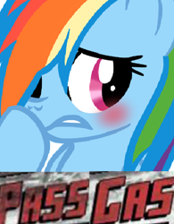 Size: 370x475 | Tagged: safe, derpibooru import, rainbow dash, pegasus, pony, blushing, expand dong, exploitable meme, fart, fart joke, meme, solo