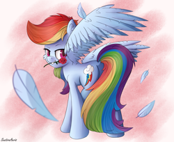 Size: 2454x2000 | Tagged: safe, artist:sentireaeris, derpibooru import, rainbow dash, pegasus, pony, backwards cutie mark, feather, flower, flower in mouth, looking at you, mouth hold, paint tool sai, perspective, romance, rose, solo, spread wings, wings