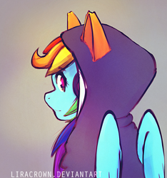 Size: 1091x1167 | Tagged: safe, artist:liracrown, derpibooru import, rainbow dash, pegasus, pony, cat ears, clothes, headphones, hoodie, looking at you, looking back, solo, wings