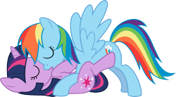 Size: 1951x1080 | Tagged: artist needed, safe, artist:algonquinmaniac, derpibooru import, rainbow dash, twilight sparkle, pegasus, pony, unicorn, .svg available, eyes closed, female, kissing, lesbian, on back, shipping, simple background, transparent background, twidash, vector