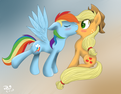 Size: 2048x1600 | Tagged: safe, artist:mephysta, derpibooru import, applejack, rainbow dash, earth pony, pegasus, pony, appledash, female, kissing, lesbian, shipping