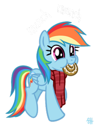 Size: 346x452 | Tagged: safe, artist:sorcerushorserus, rainbow dash, pegasus, pony, comic:dash academy, :t, cinnamon bun, clothes, cute, dashabetes, eating, happy, nom, puffy cheeks, scarf, simple background, smiling, solo, transparent background, walking