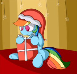 Size: 1208x1152 | Tagged: safe, artist:mr. rottson, derpibooru import, rainbow dash, pegasus, pony, hat, present, santa hat, solo