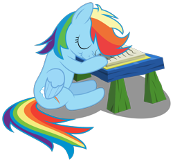 Size: 1294x1213 | Tagged: safe, artist:rotate13, derpibooru import, rainbow dash, pegasus, pony, .svg available, book, cute, desk, scrunchy face, simple background, sleeping, sleeping in class, solo, transparent background, vector