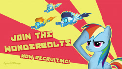 Size: 1920x1080 | Tagged: safe, artist:lyraartstrings, derpibooru import, misty fly, rainbow dash, soarin', spitfire, pegasus, pony, clothes, flying, propaganda, rainbow dash salutes, recruitment poster, salute, signature, sunburst background, vector, wallpaper, wonderbolts, wonderbolts uniform