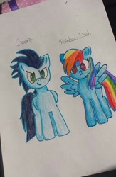 Size: 624x960 | Tagged: safe, artist:invader-zil, rainbow dash, soarin', pegasus, pony, female, male, shipping, soarindash, straight, traditional art