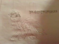 Size: 2592x1936 | Tagged: safe, rainbow dash, pegasus, pony, bumblebee, crossover, drawing, monochrome, parody, traditional art, transformers, wip