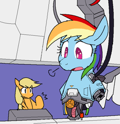 Size: 548x564 | Tagged: safe, artist:tetsutowa, derpibooru import, applejack, rainbow dash, earth pony, pegasus, pony, robot, robot pony, android, gynoid, hippoid, laboratory, maintenance, modular, pixiv, rainbot dash, repairing