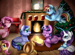 Size: 3509x2550 | Tagged: safe, artist:pridark, derpibooru import, applejack, fluttershy, pinkie pie, rainbow dash, rarity, twilight sparkle, twilight sparkle (alicorn), oc, alicorn, earth pony, pegasus, pony, unicorn, alicorn oc, christmas tree, clothes, commission, eyes closed, fireplace, glowing horn, group, letter, magic, mane six, painting, piano, rug, scarf, smiling, stockings, tree