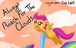 Size: 576x363 | Tagged: safe, artist:beefcrow, rainbow dash, scootaloo, pegasus, pony, cute, female, mare, wings