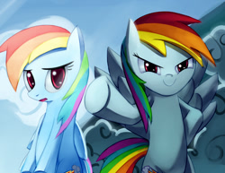 Size: 900x695 | Tagged: safe, artist:negativefox, rainbow dash, pegasus, pony, duality, evil, self ponidox