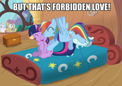 Size: 1000x703 | Tagged: safe, rainbow dash, scootaloo, twilight sparkle, pegasus, pony, bed, female, forbidden love, image macro, kiss on the cheek, kissing, lesbian, meme, puella magi madoka magica, shipping, twidash