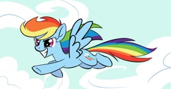 Size: 780x405 | Tagged: artist needed, safe, derpibooru import, rainbow dash, pegasus, pony, cloud, flying, sky, solo