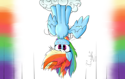 Size: 2200x1400 | Tagged: safe, artist:unbronydc, derpibooru import, rainbow dash, pegasus, pony, cloud, solo, upside down