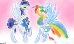 Size: 1024x614 | Tagged: safe, artist:swirlyquill, rainbow dash, soarin', pegasus, pony, clothes, dress, female, gala dress, male, shipping, soarindash, straight, suit, traditional art