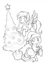 Size: 1280x1691 | Tagged: safe, artist:nauth, derpibooru import, fluttershy, rainbow dash, pegasus, pony, black and white, christmas, christmas tree, clothes, decoration, female, flying, grayscale, hat, holiday, mare, monochrome, mouth hold, santa hat, tree