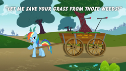 Size: 960x540 | Tagged: safe, rainbow dash, pegasus, pony, the mysterious mare do well, lawn mower, solo, wagon