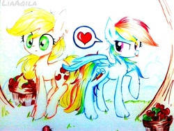 Size: 640x480 | Tagged: safe, artist:liaaqila, derpibooru import, applejack, rainbow dash, earth pony, pegasus, pony, apple, apple tree, appledash, butt touch, feathermarking, female, food, heart, lesbian, shipping, tree