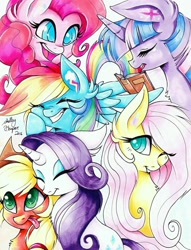 Size: 777x1015 | Tagged: safe, artist:shelbyartist, derpibooru import, applejack, fluttershy, pinkie pie, rainbow dash, rarity, twilight sparkle, earth pony, pegasus, pony, unicorn, book, cute, mane six, one eye closed, tongue out, traditional art, wink