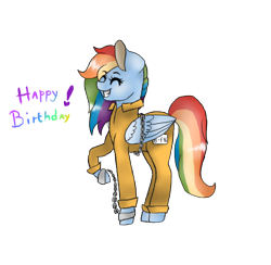 Size: 744x726 | Tagged: safe, artist:starryarrow, derpibooru import, rainbow dash, pegasus, pony, birthday, bound wings, chains, clothes, cuffs, happy birthday, prison outfit, prisoner rd, shackles, simple background, smiling, solo, transparent background