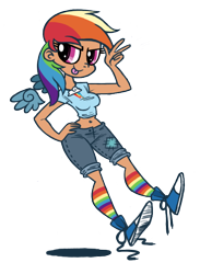 Size: 526x719 | Tagged: safe, artist:brah-j, rainbow dash, human, clothes, converse, humanized, rainbow socks, shoes, simple background, socks, solo, striped socks, tongue out, transparent background