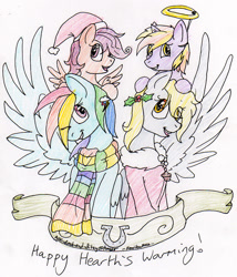 Size: 719x838 | Tagged: safe, artist:feniiku, derpy hooves, dinky hooves, rainbow dash, scootaloo, pegasus, pony, female, halo, hat, hearth's warming eve, mare, merry christmas, santa hat, sketch, traditional art