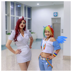 Size: 1060x1060 | Tagged: artist needed, safe, rainbow dash, human, 2013, asian, belly button, clothes, comikaze expo, convention, cosplay, crossover, dress, irl, irl human, midriff, nurse, photo, shorts, suspenders, wristband