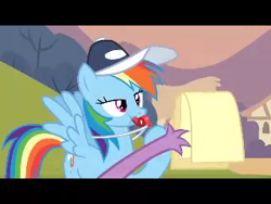 Size: 320x240 | Tagged: safe, screencap, rainbow dash, spike, dragon, pegasus, pony, hurricane fluttershy, baseball cap, blowing, claw, coach, drunk, hat, lazy eye, offscreen character, rainblow dash, solo focus, tired, whistle, whistle necklace