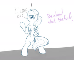 Size: 1280x1047 | Tagged: safe, artist:elzzombie, derpibooru import, rainbow dash, pegasus, pony, bipedal, bipedal leaning, dialogue, exclamation point, graffiti, implied twilight sparkle, leaning, looking back, mouth hold, offscreen character, solo, spread wings, vulgar, wall writing, writing