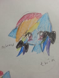 Size: 960x1280 | Tagged: safe, artist:kuronekofafa1, rainbow dash, pegasus, pony, pixiv, ribbon, solo, traditional art