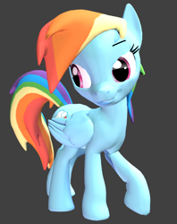 Size: 522x659 | Tagged: safe, artist:fillerartist, derpibooru import, rainbow dash, pegasus, pony, 3d, blender, looking back, simple background, smirk, solo, test