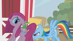 Size: 1280x720 | Tagged: safe, derpibooru import, screencap, gummy, pinkie pie, rainbow dash, earth pony, pegasus, pony, party of one, out of context, pinkamena diane pie, pushing, rapeface, rump push, spread wings, wingboner, wings