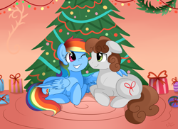 Size: 3509x2550 | Tagged: safe, artist:pridark, derpibooru import, rainbow dash, oc, oc:dreamer, earth pony, pegasus, pony, canon x oc, christmas, christmas tree, hearth's warming, hug, present, rainmer, shipping, tree, winghug