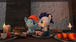 Size: 1024x576 | Tagged: safe, artist:johnnyhorse, derpibooru import, rainbow dash, soarin', pegasus, pony, 3d, blushing, eggnog, feast, food, licking, male, shipping, soarindash, straight, tongue out