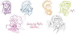 Size: 1404x645 | Tagged: safe, artist:cherryviolets, derpibooru import, applejack, fluttershy, pinkie pie, rainbow dash, rarity, twilight sparkle, equestria girls, gravity falls, humanized, lineart, sketch, style emulation