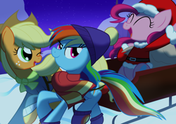 Size: 3100x2200 | Tagged: safe, artist:geraritydevillefort, derpibooru import, applejack, pinkie pie, rainbow dash, earth pony, pegasus, pony, bag, cheering, christmas, clothes, costume, cowboy hat, eyes closed, freckles, happy, hat, looking back, one eye closed, santa costume, scarf, sled, snow, stetson, sweater, trio, wink