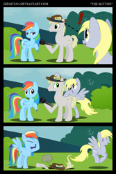 Size: 1024x1534 | Tagged: safe, artist:diegotan, derpibooru import, derpy hooves, rainbow dash, oc, oc:rollback, earth pony, pegasus, pony, comic, facehoof, female, hat, laughing, male, mare, microphone, press, pun, pushing, reporter, stallion