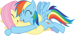 Size: 6001x2875 | Tagged: safe, artist:deratrox, derpibooru import, fluttershy, rainbow dash, pegasus, pony, trade ya, .svg available, absurd resolution, cuddling, cute, female, flutterdash, hug, lesbian, shipping, simple background, snuggling, transparent background, vector