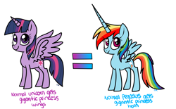 Size: 954x592 | Tagged: safe, artist:roseywingedcat, rainbow dash, twilight sparkle, twilight sparkle (alicorn), alicorn, pony, alicornified, duo, overthinking in the comments, race swap, rainbowcorn