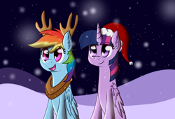 Size: 1544x1050 | Tagged: safe, artist:zogzor, derpibooru import, rainbow dash, twilight sparkle, twilight sparkle (alicorn), alicorn, pegasus, pony, ear fluff, female, hat, horse collar, lesbian, night, reindeer antlers, reindeer dash, santa hat, shipping, snow, snowfall, twidash