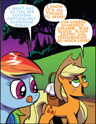 Size: 281x360 | Tagged: safe, artist:andypriceart, derpibooru import, edit, idw, applejack, rainbow dash, earth pony, pegasus, pony, applejack gets all the stallions, applespike, bluejack, carajack, cheesejack, comic, flashjack, implied appledash, male, shipping, straight, text edit, trenderjack